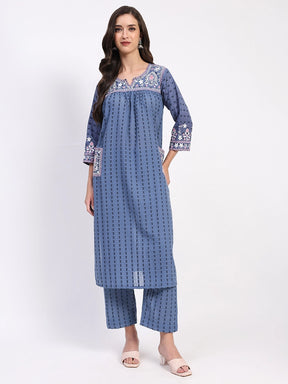 Blue Cotton Dobby Embroidered Kurta Set