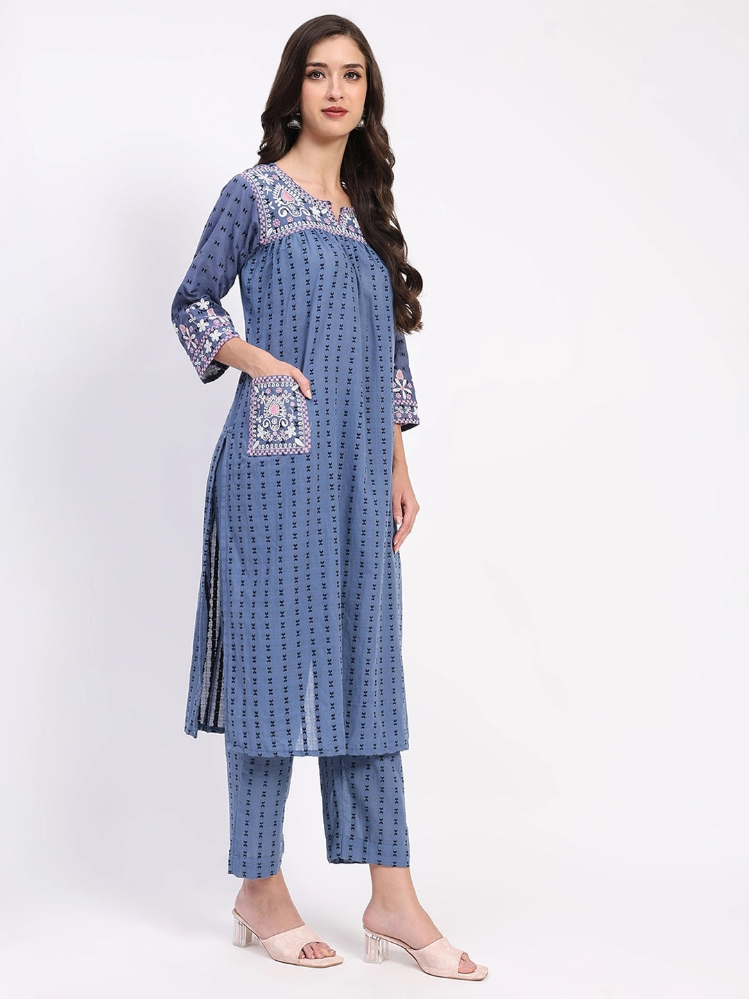 Blue Cotton Dobby Embroidered Kurta Set