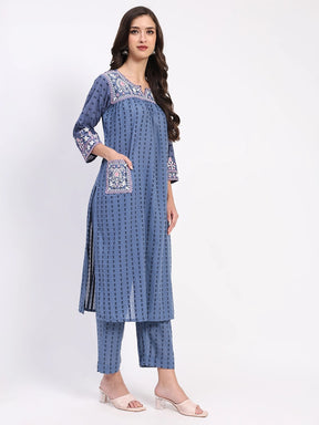 Blue Cotton Dobby Embroidered Kurta Set