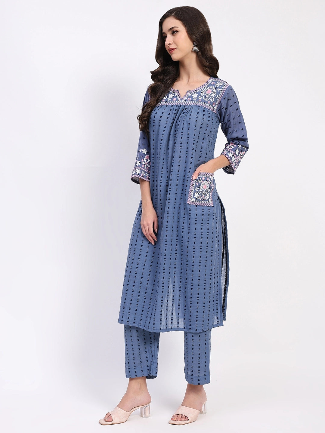 Blue Cotton Dobby Embroidered Kurta Set