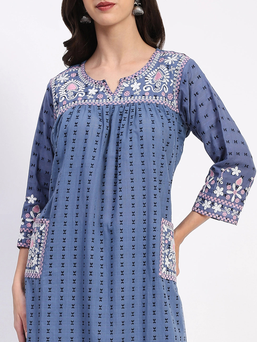 Blue Cotton Dobby Embroidered Kurta Set