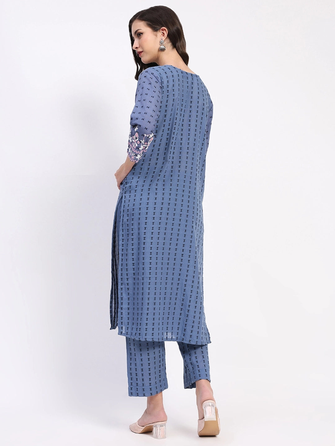 Blue Cotton Dobby Embroidered Kurta Set