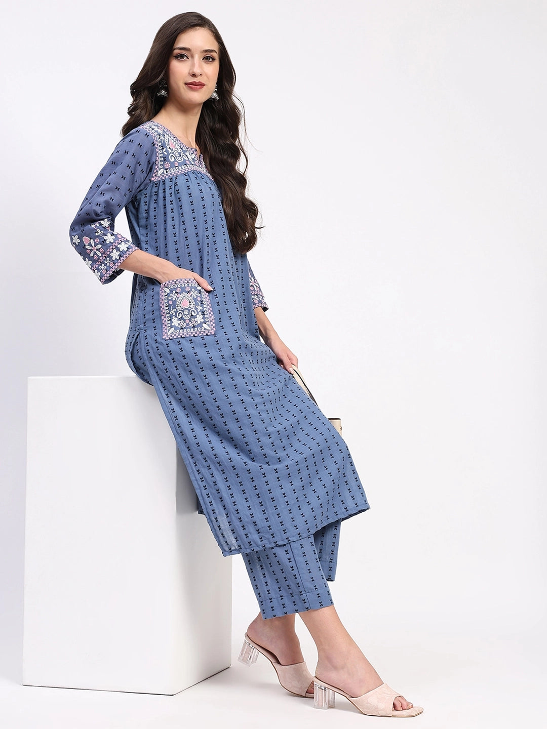 Blue Cotton Dobby Embroidered Kurta Set