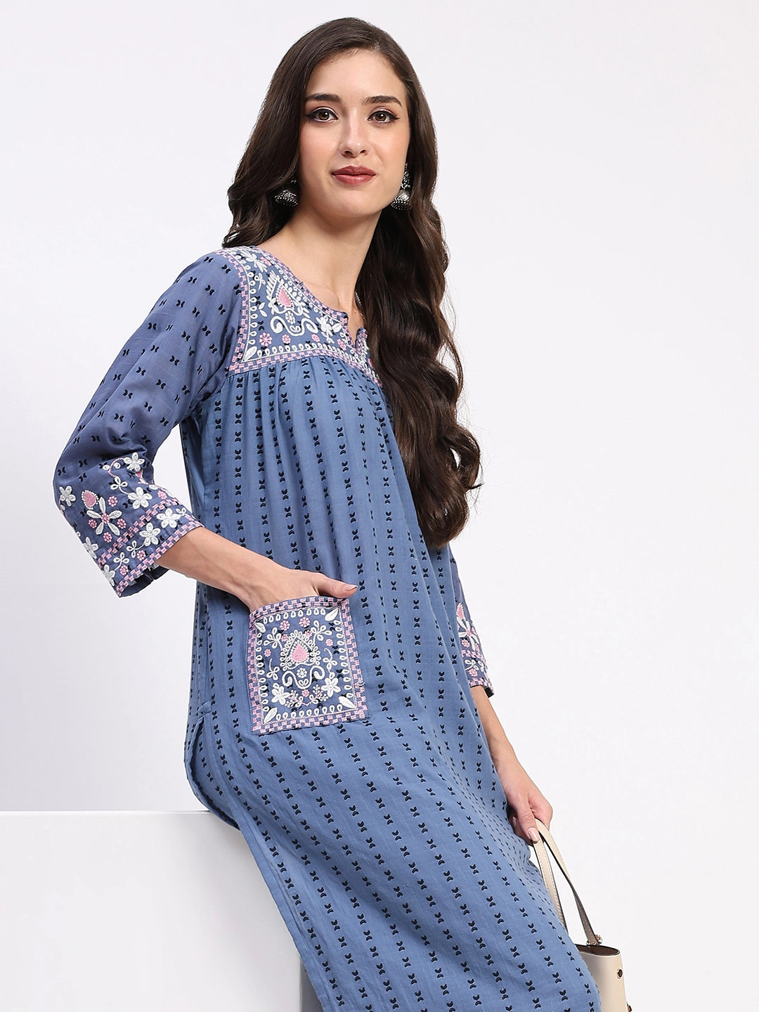 Blue Cotton Dobby Embroidered Kurta Set