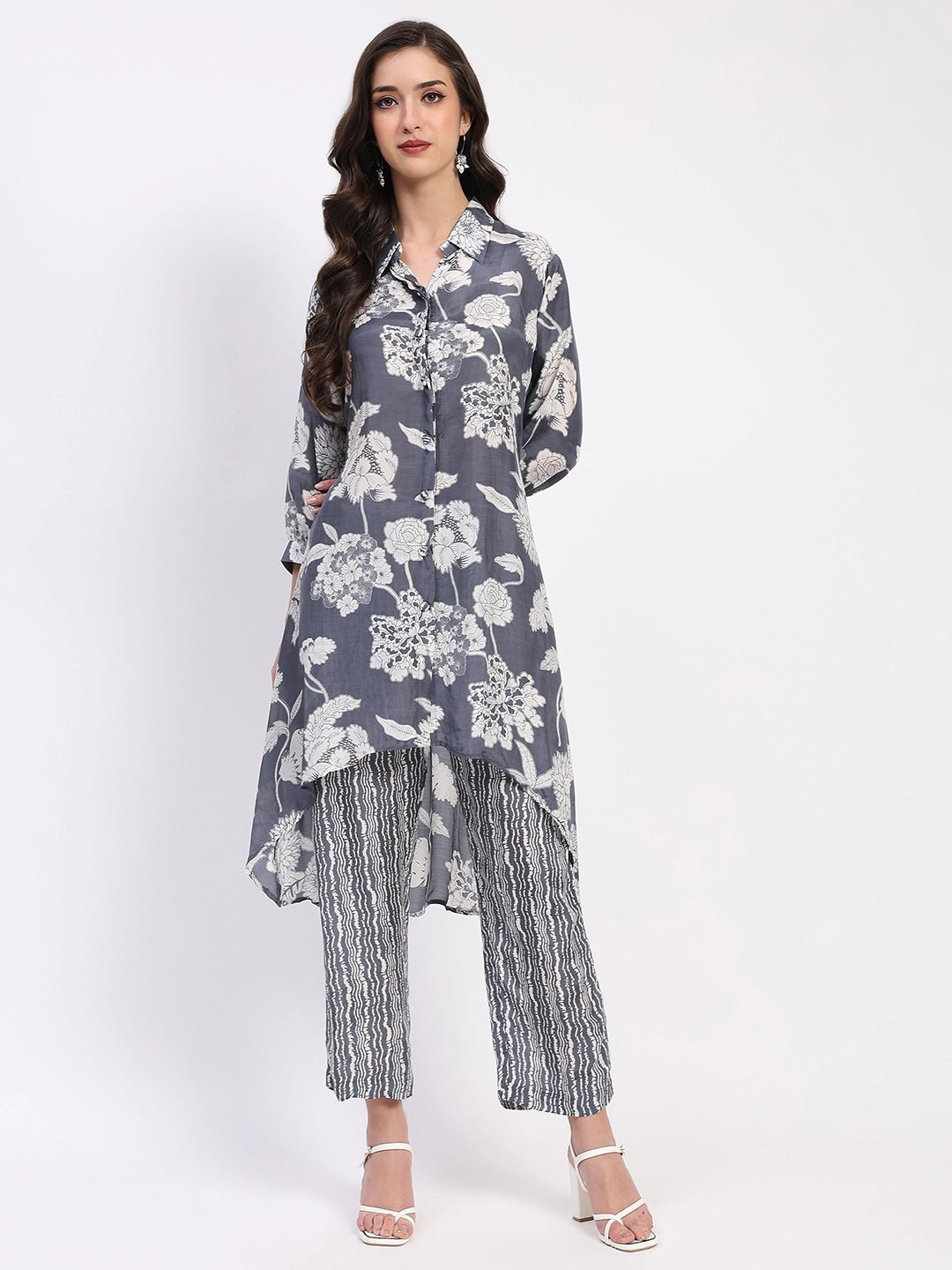 Grey Floral Crepe Kurta Set