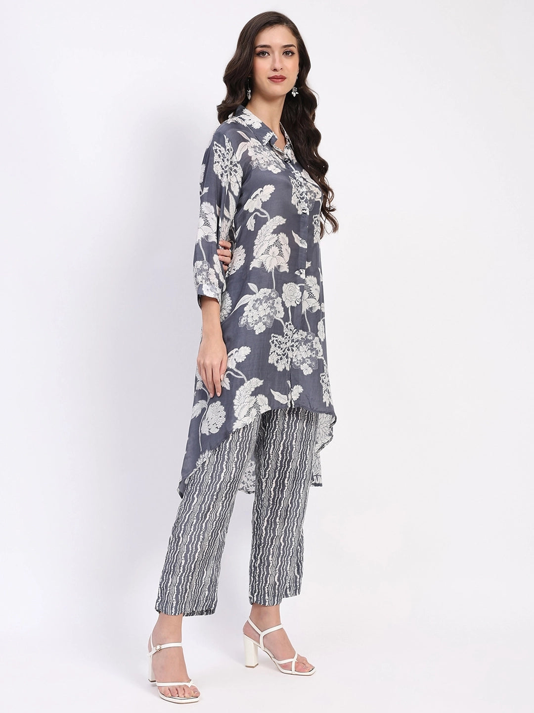 Grey Floral Crepe Kurta Set - Global Republic
