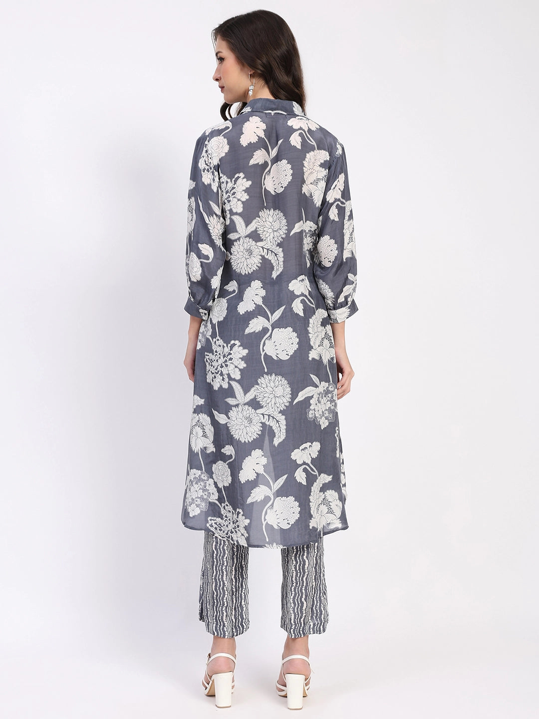 Grey Floral Crepe Kurta Set - Global Republic