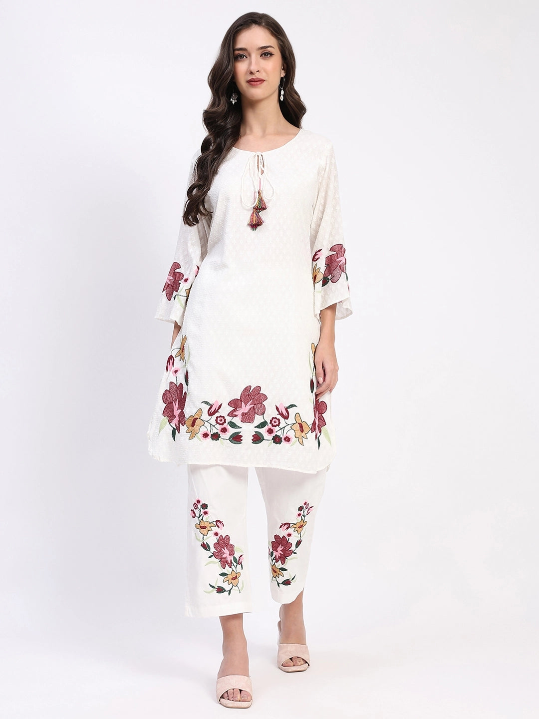 White Embroidered Cotton Dobby Kurta Set - Global Republic