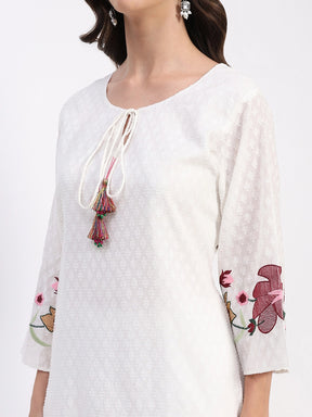 White Embroidered Cotton Dobby Kurta Set