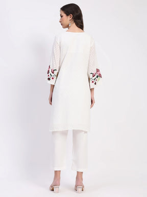 White Embroidered Cotton Dobby Kurta Set