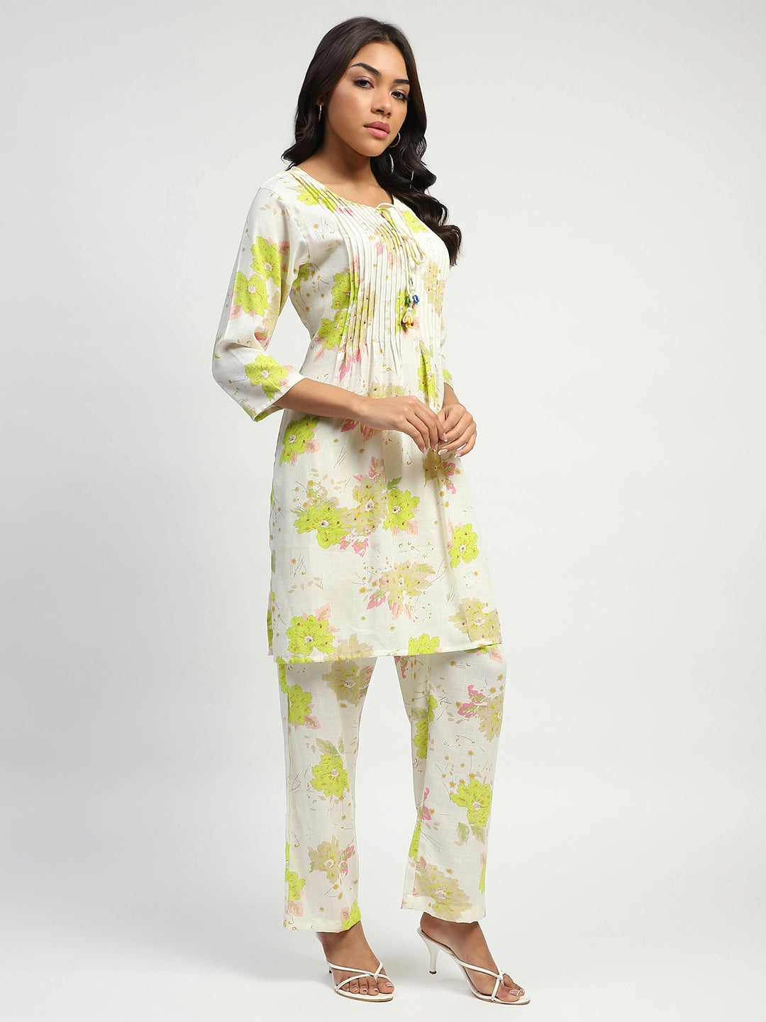 White & Green Floral Cotton Kurta Set - Global Republic