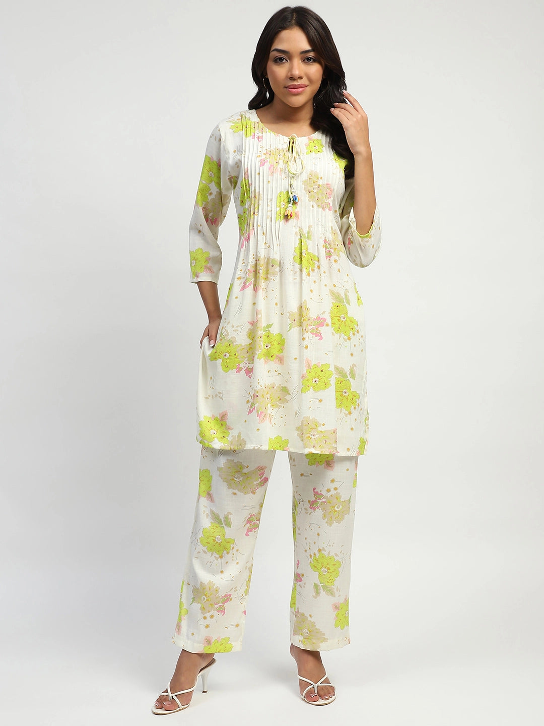 White & Green Floral Cotton Kurta Set - Global Republic