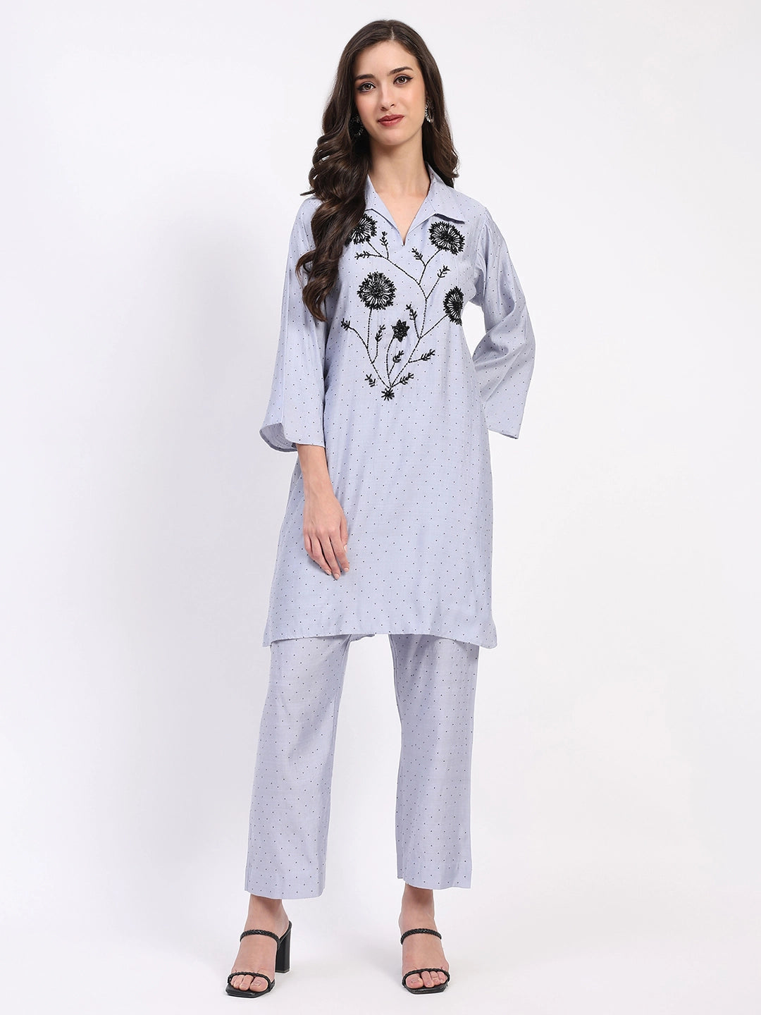 Grey Embellished Rayon Kurta Set