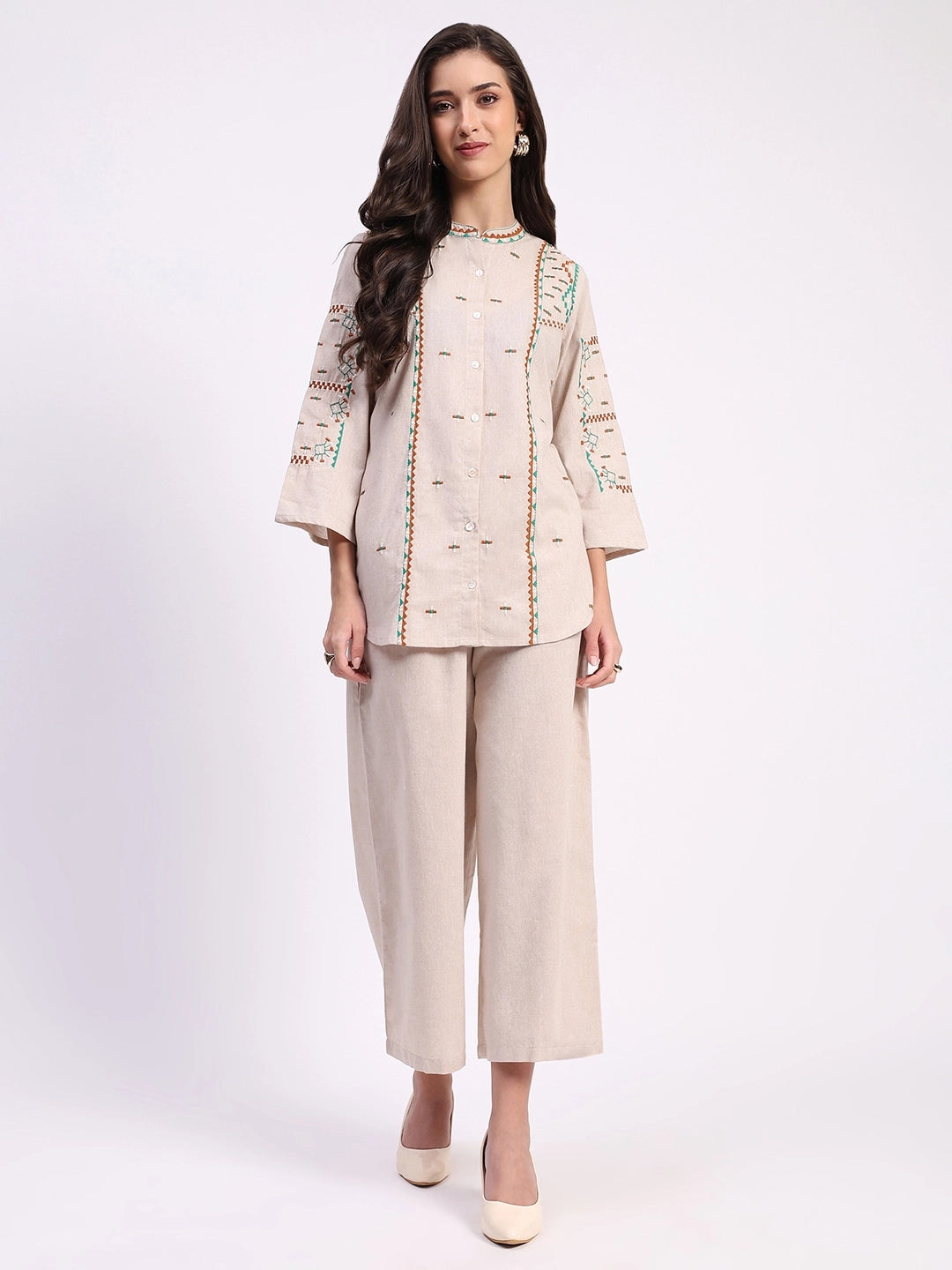 Beige Cotton Embroidered Tunic Set