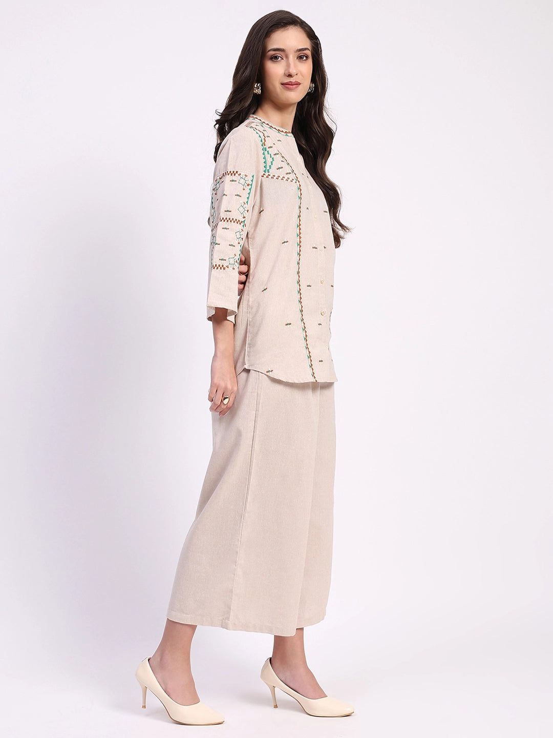 Beige Cotton Embroidered Tunic Set
