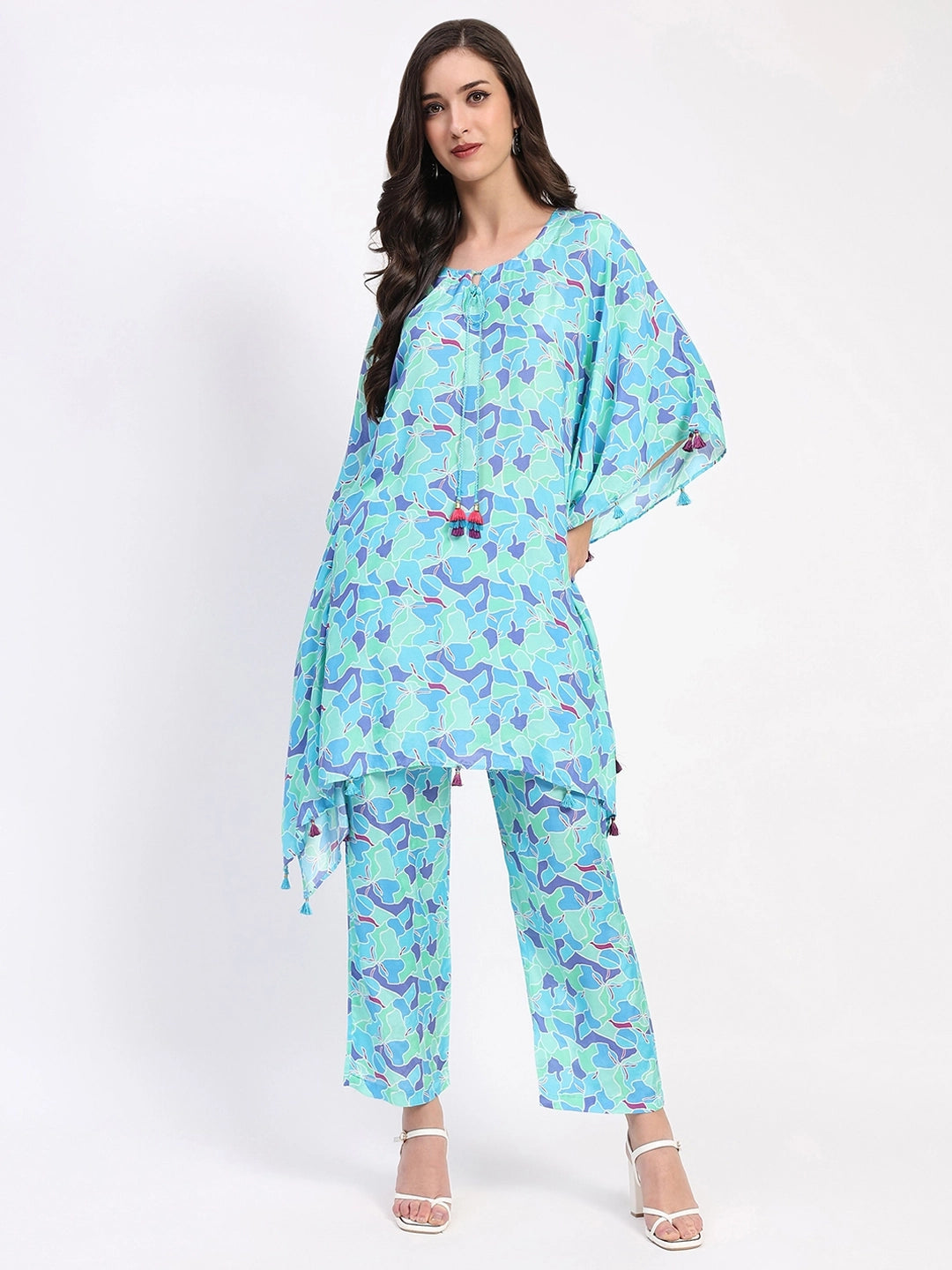 Blue Crepe Abstract Kaftan Set