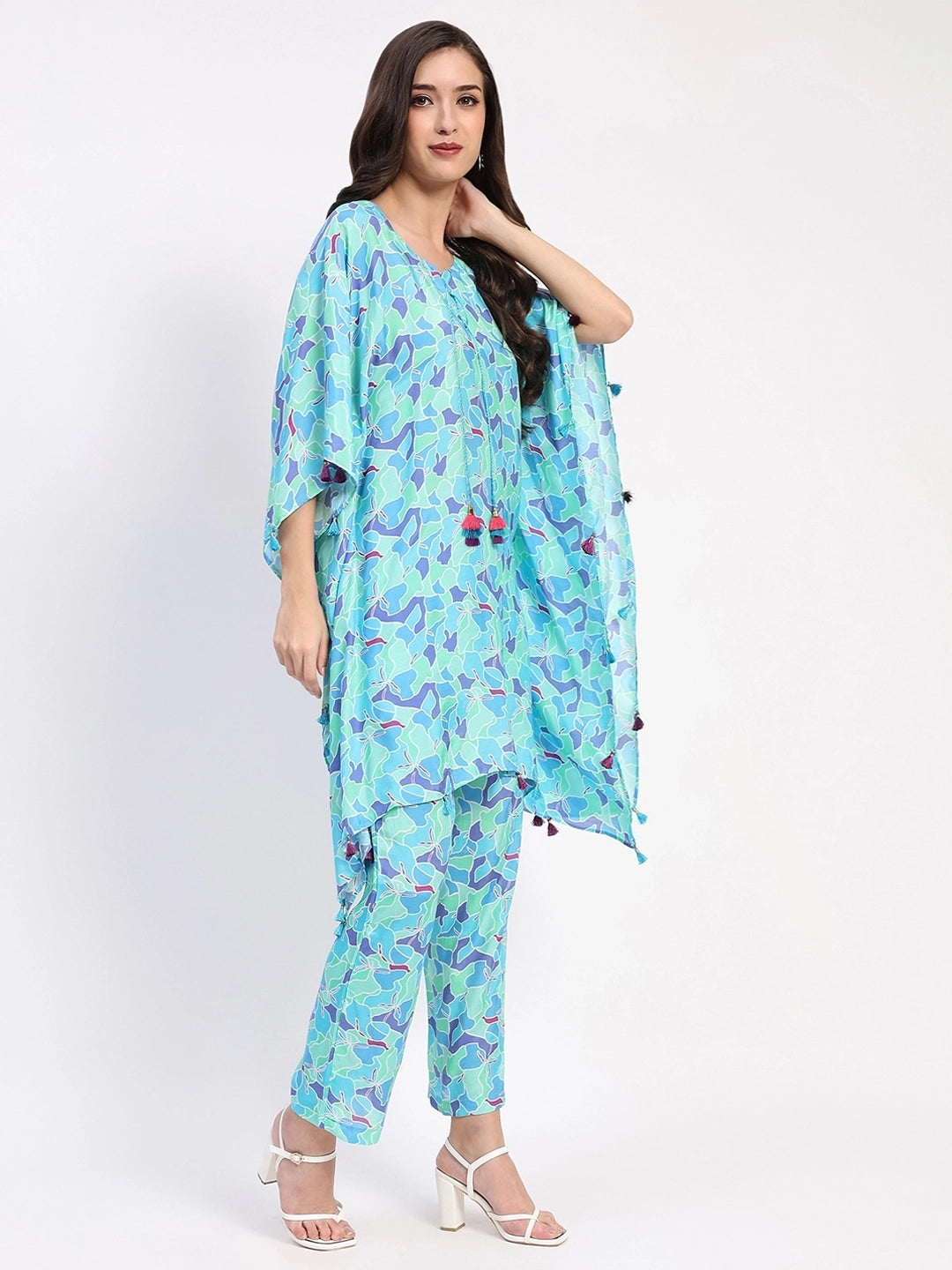 Blue Crepe Abstract Kaftan Set - Global Republic