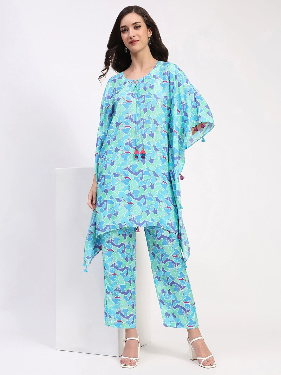 Blue Crepe Abstract Kaftan Set - Global Republic