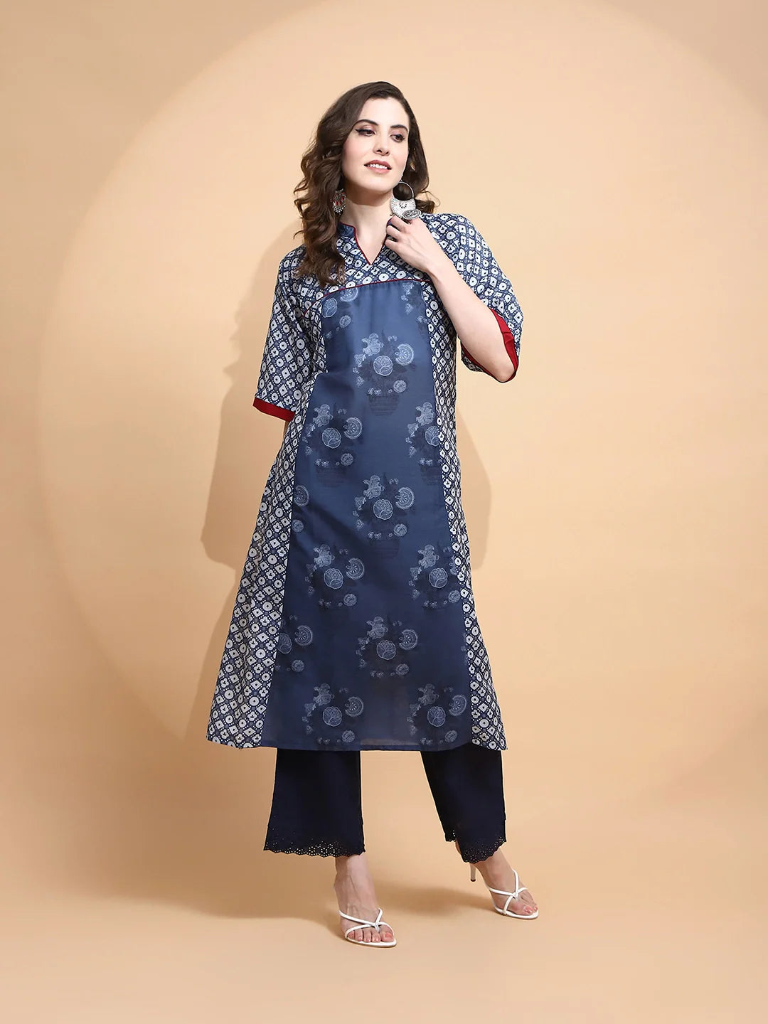 Blue Cotton Blend Loose Fit Kurta For Women