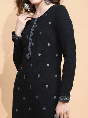 Black Embroidered Wool Blend Kurta Set