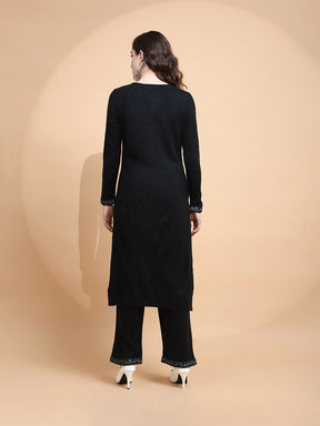 Black Embroidered Wool Blend Kurta Set