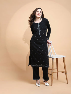 Black Embroidered Wool Blend Kurta Set