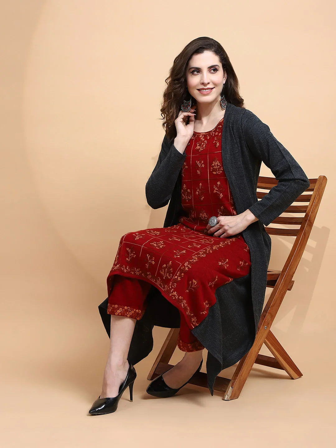 Maroon Embroidered Woolen Kurta