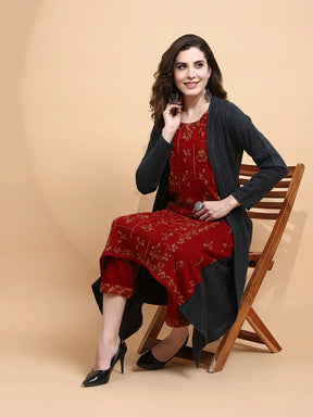 Maroon Embroidered Woolen Kurta