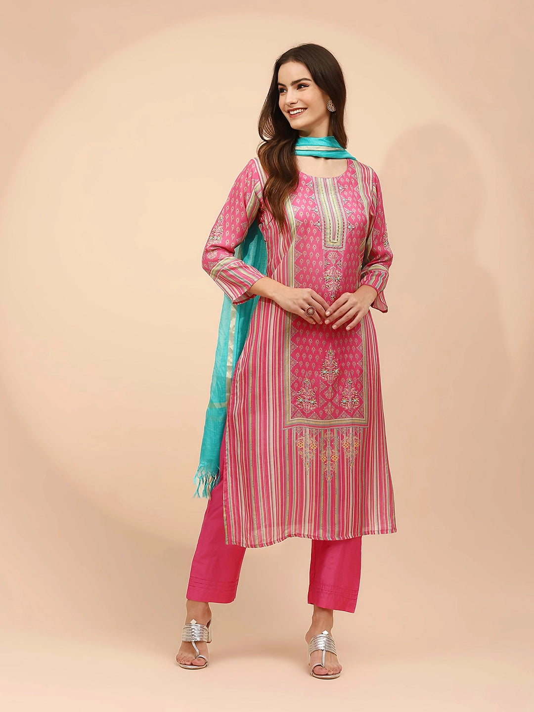 Pink Muslin Printed Embellished Suit Set