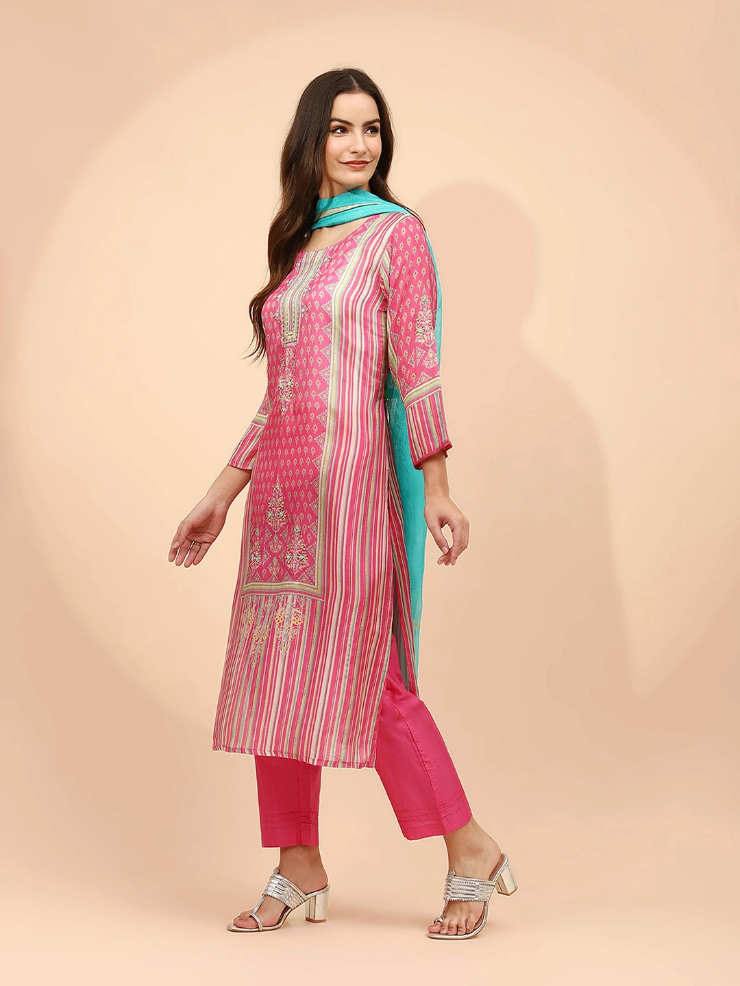 Pink Muslin Printed Embellished Suit Set