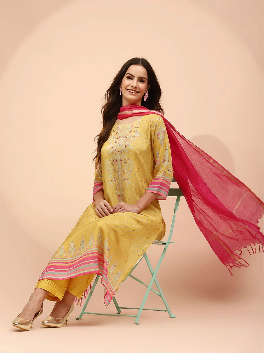 Yellow Muslin Printed & Embroidered Suit Set - Global Republic