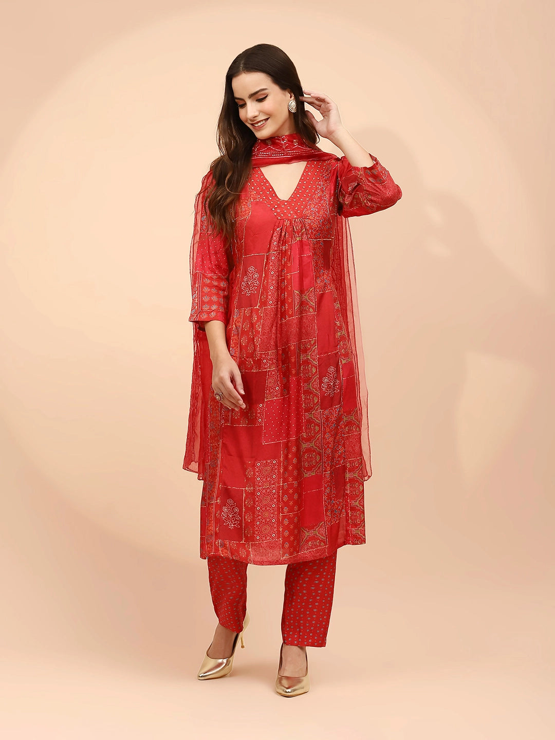 Red Muslin Printed Embellished Suit Set - Global Republic