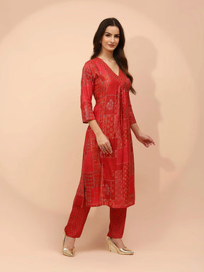 Red Muslin Printed & Embellished Suit Set