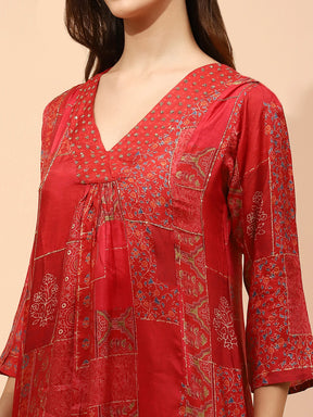 Red Muslin Printed & Embellished Suit Set