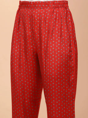 Red Muslin Printed & Embellished Suit Set