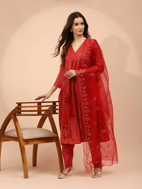 Red Muslin Printed & Embellished Suit Set