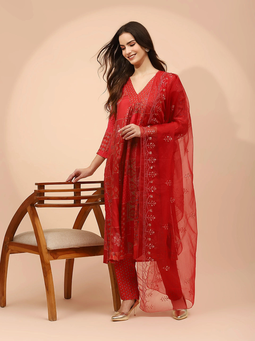 Red Muslin Printed Embellished Suit Set - Global Republic
