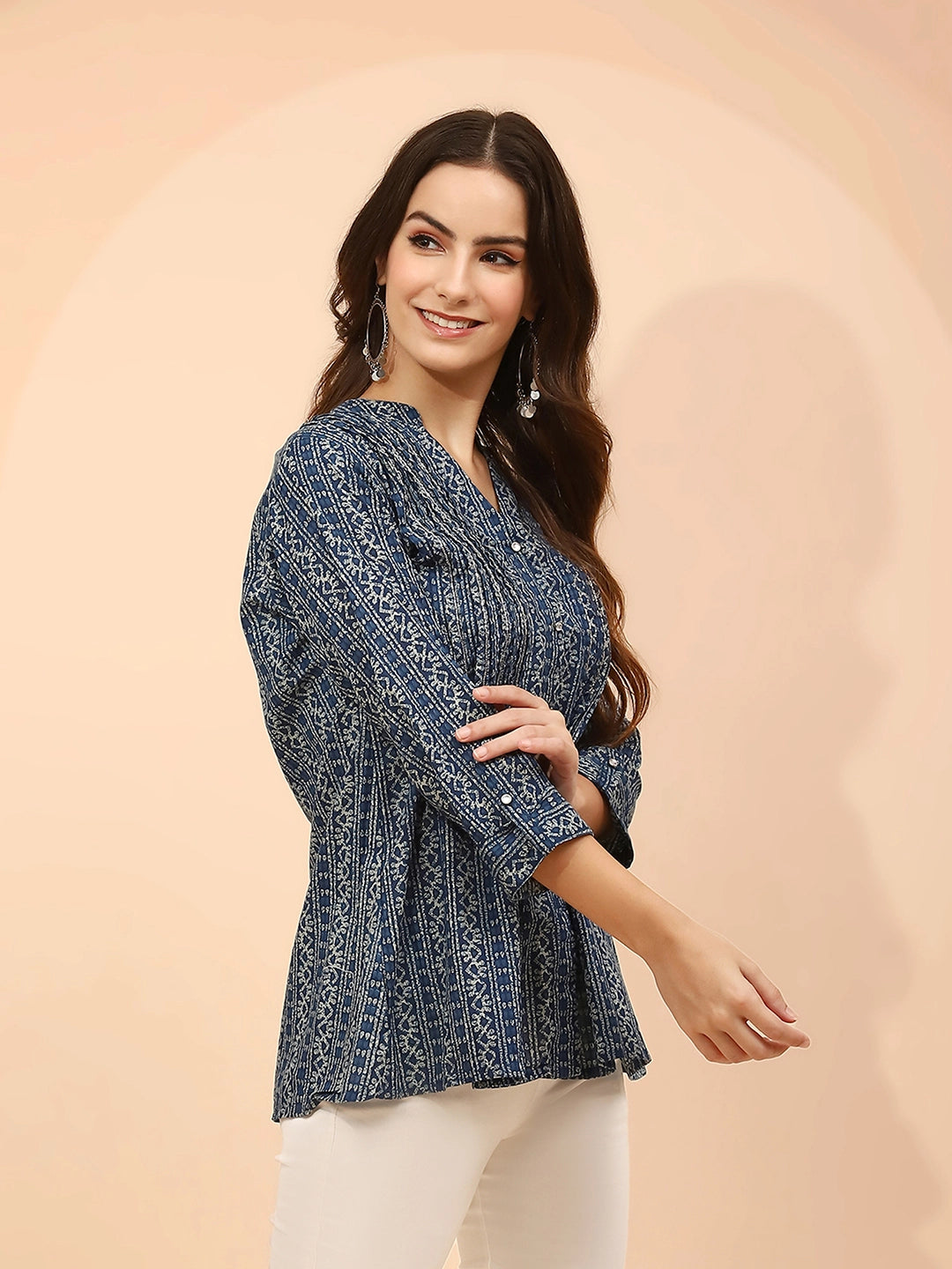 Blue Printed Cotton V-Neck Tunic - Global Republic