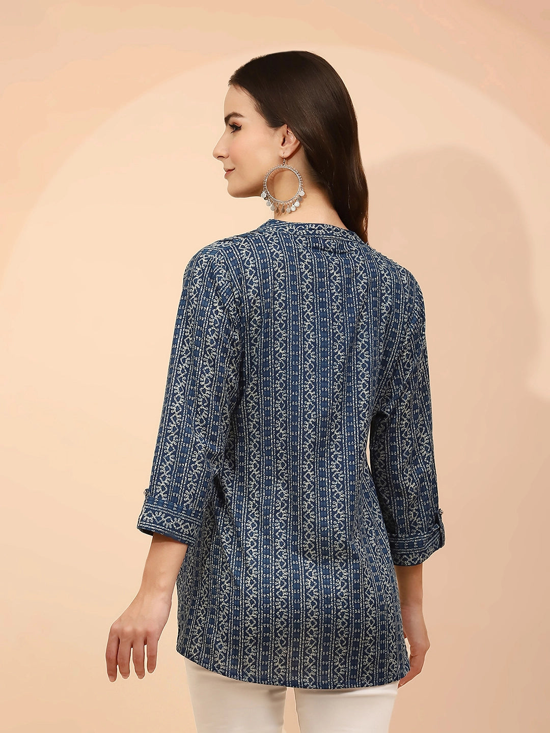 Blue Printed Cotton Regular Fit Tunic
