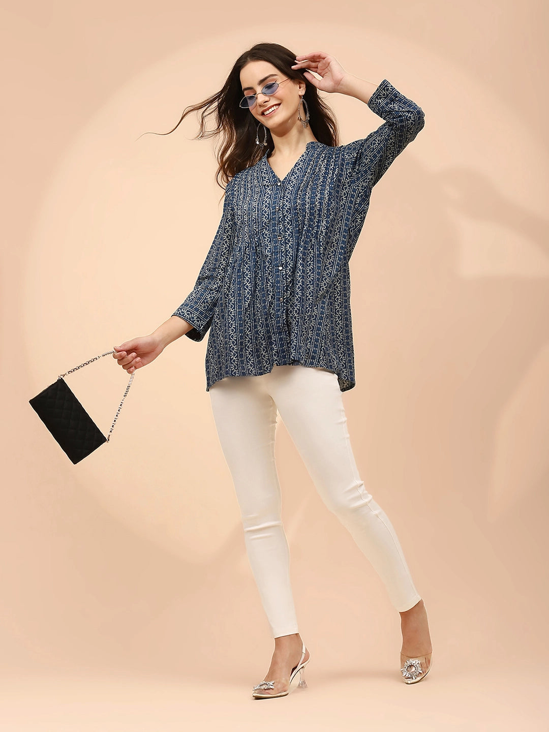 Blue Printed Cotton V-Neck Tunic - Global Republic