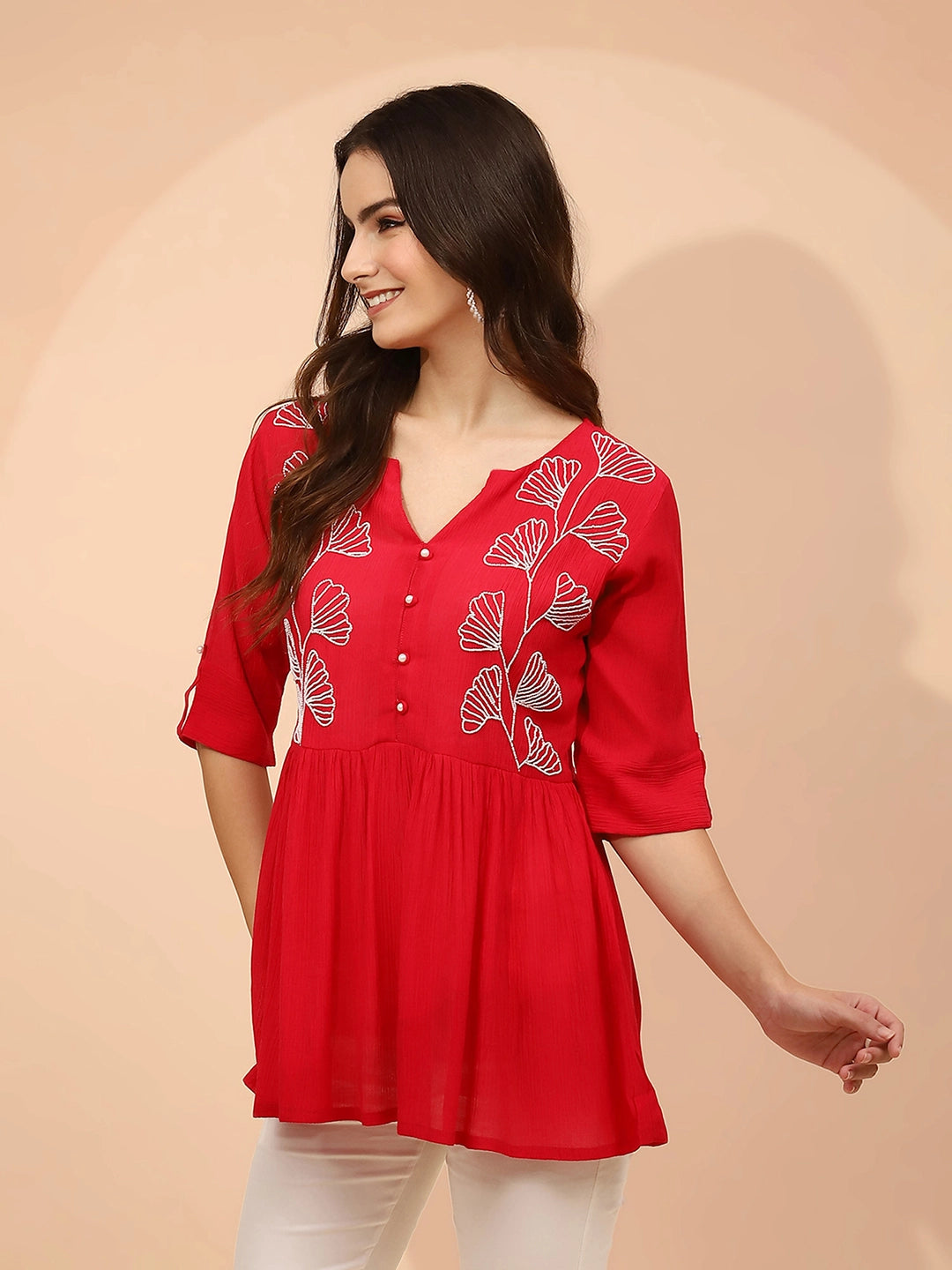 Dark Pink Embellished Rayon Tunic - Global Republic