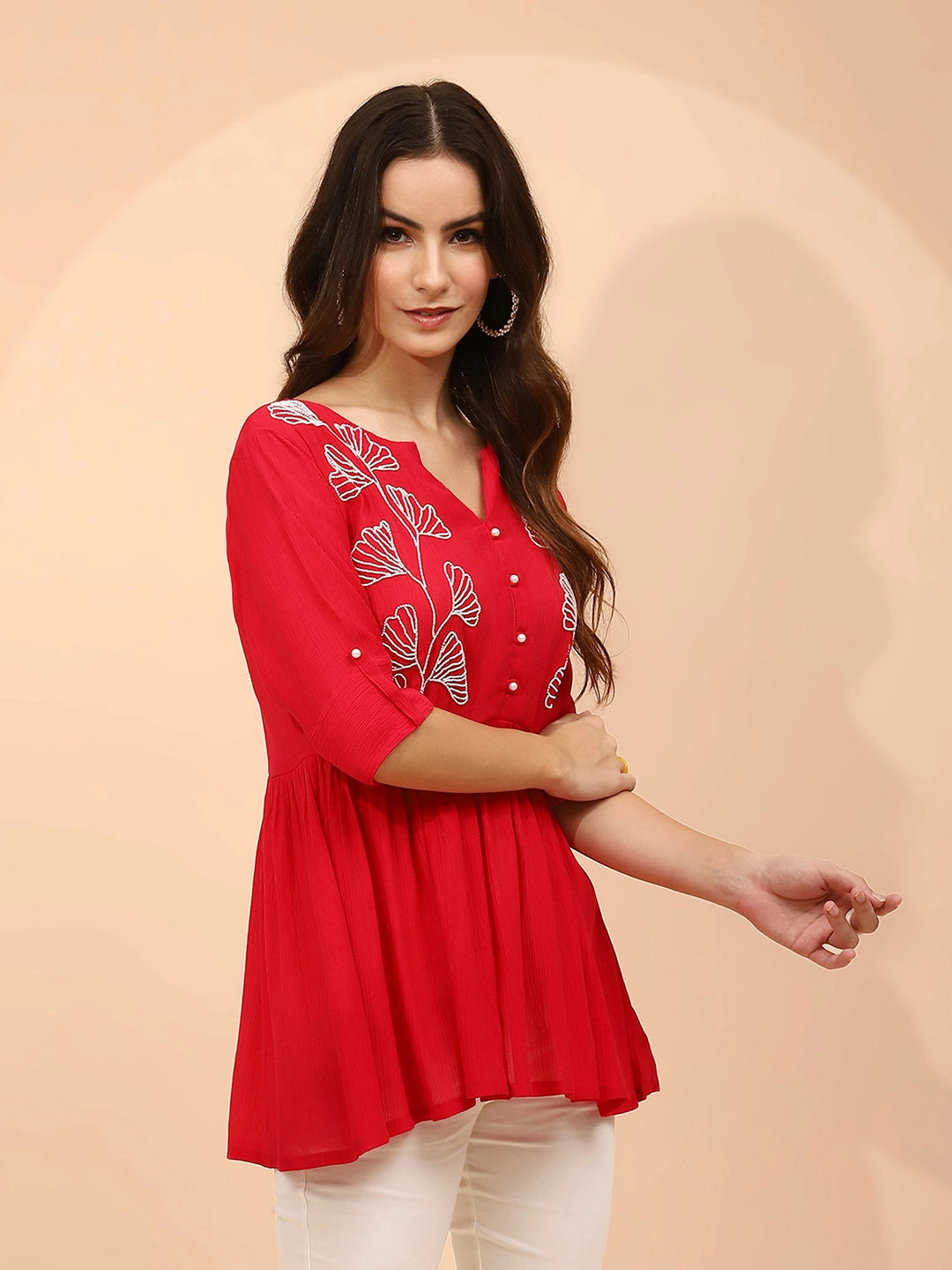 Dark Pink Embellished Rayon Tunic - Global Republic