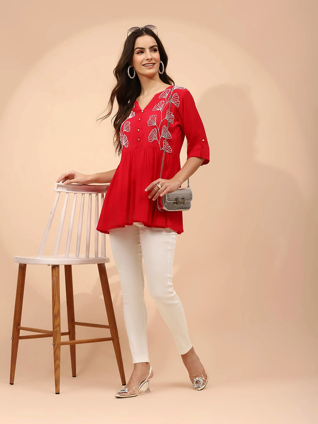 Dark Pink Embellished Rayon Tunic - Global Republic