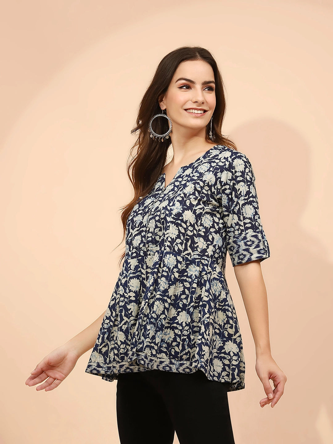 Indigo Floral Printed Cotton Tunic - Global Republic