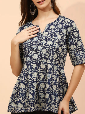 Indigo Floral Printed Cotton Tunic