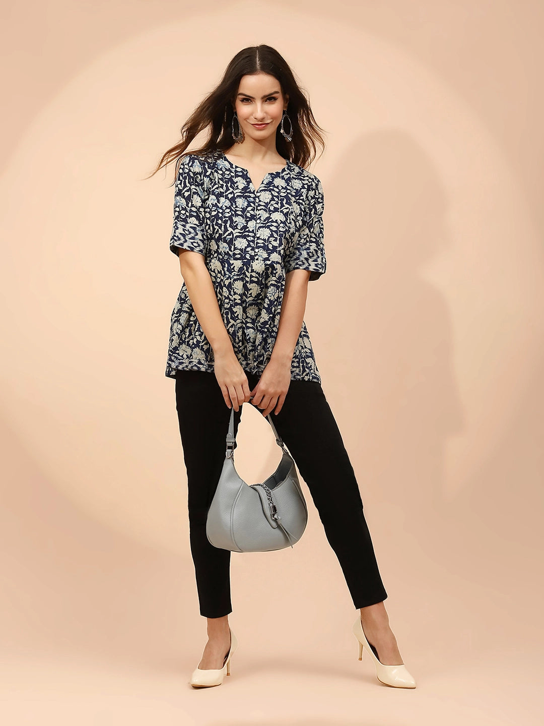 Indigo Floral Printed Cotton Tunic - Global Republic