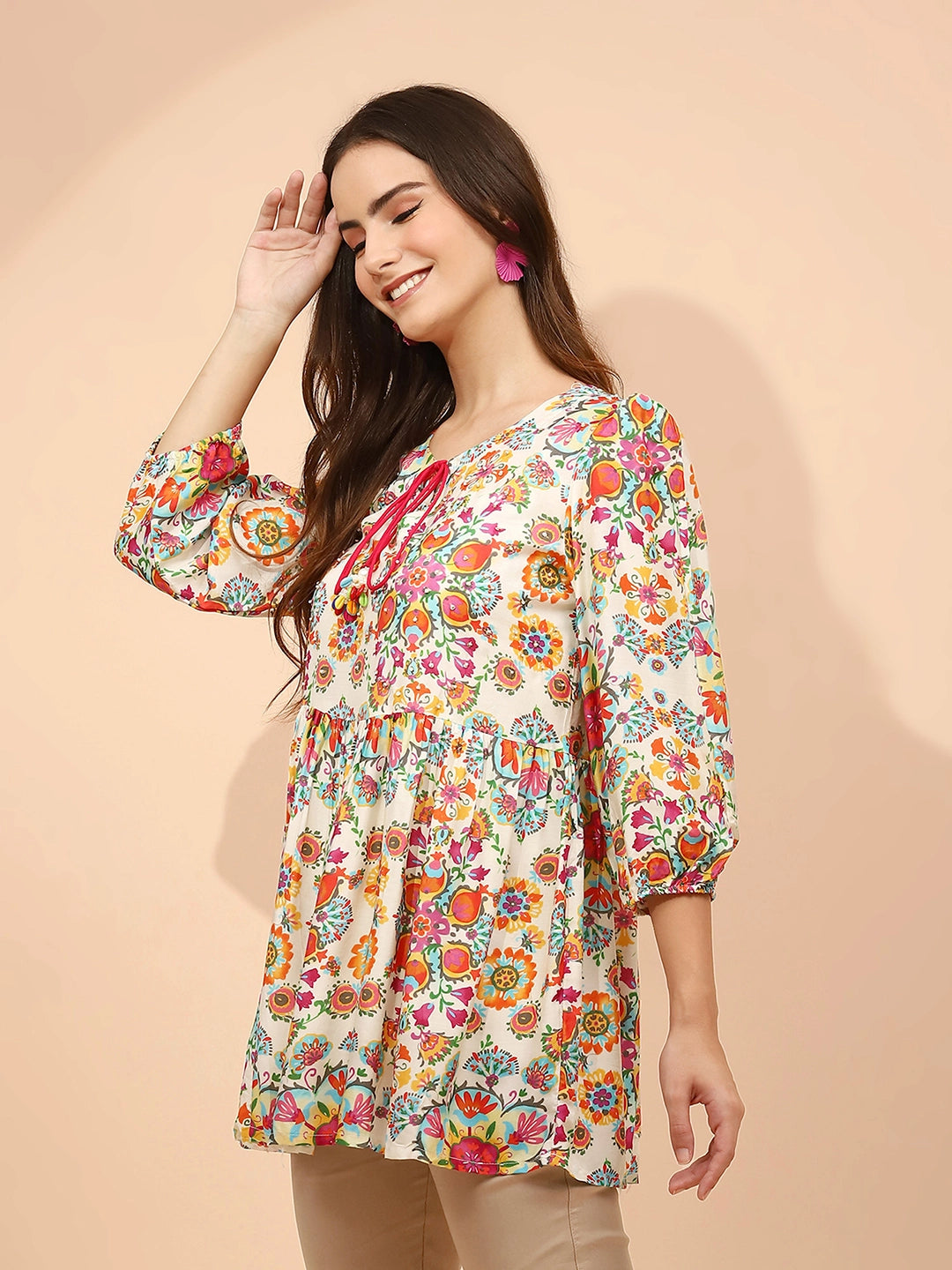 Multicolor Floral Printed Muslin Tunic - Global Republic