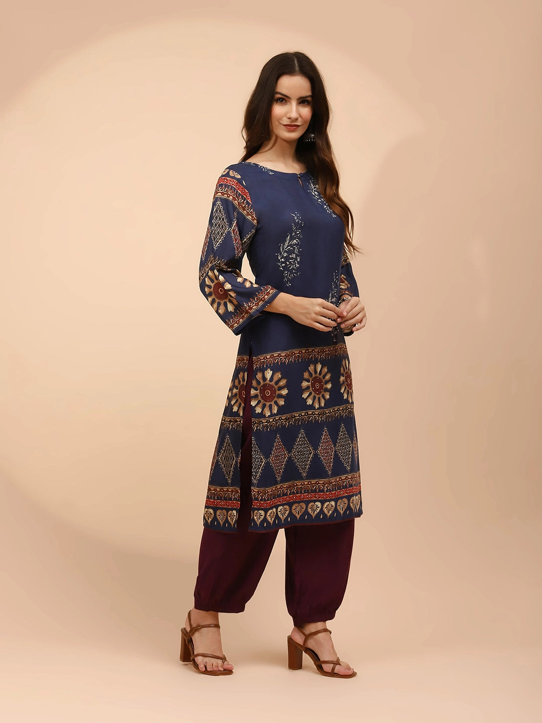 Navy Blue Muslin Regular Fit Long Tunic Set For Women - Global Republic