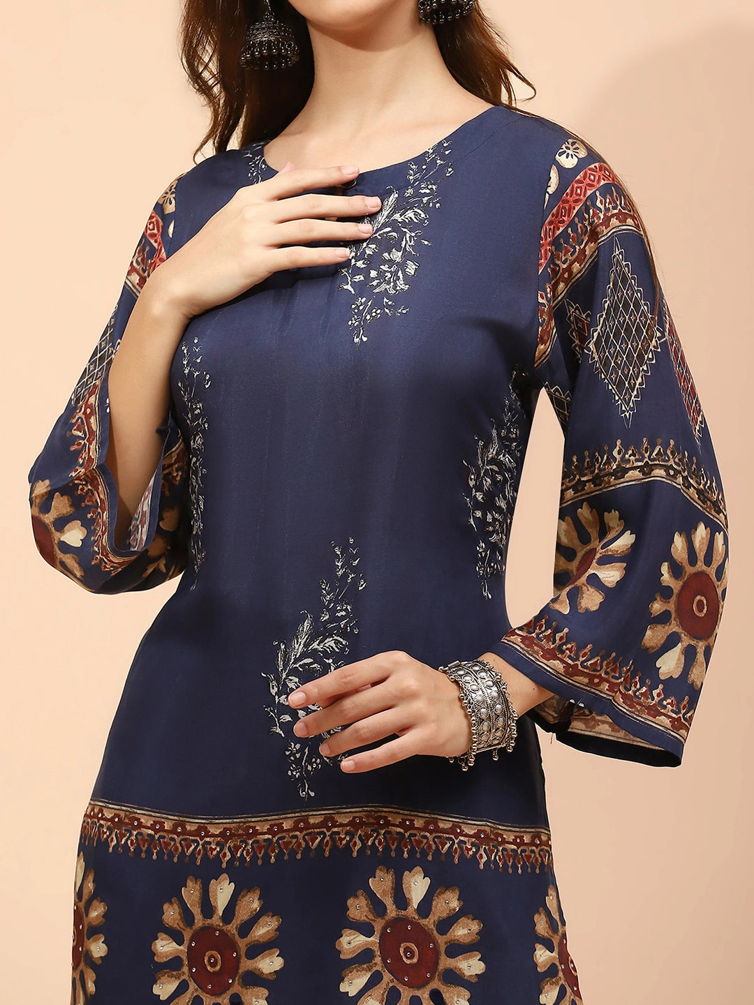 Navy Blue Muslin Regular Fit Long Tunic Set For Women - Global Republic