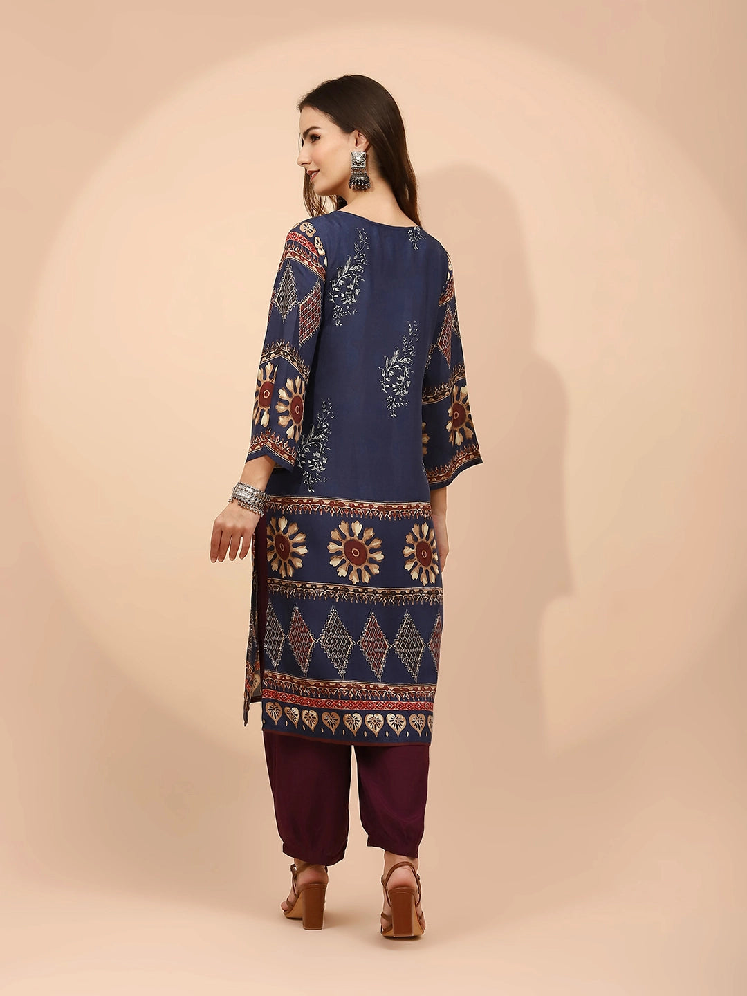 Navy Blue Muslin Regular Fit Long Tunic Set For Women - Global Republic
